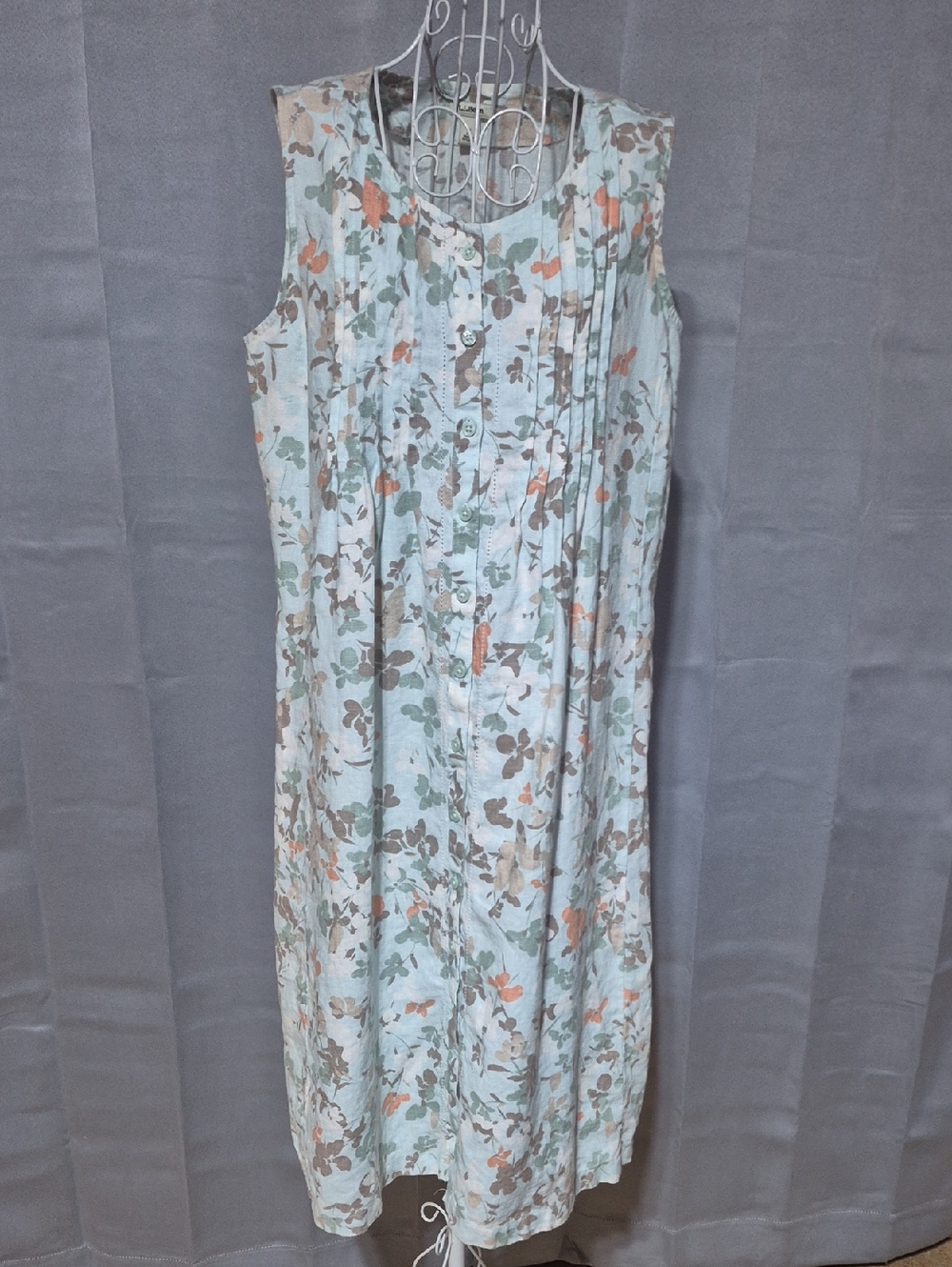 L.L. Bean Linen Mint Floral Sleeveless Midi Dress